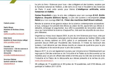 thumbnail of CP Remise du prix du livre Sciences pour tous des collégiens et de des lycéens 2018